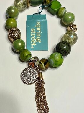 Spring Street Beaded Tassel Bracelet in Green & Gold Like New
